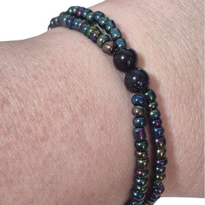 Handcrafted Dark Iridescent and Blue Sandstone Beaded Bracelet